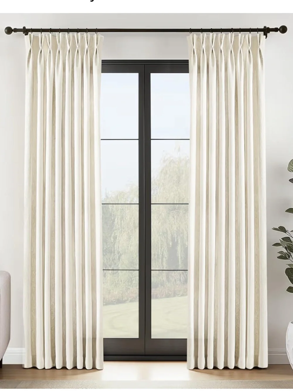 Pinch Pleated Linen Curtains with Hooks & Rings 84” SEMI-SHEER (2-Panels) CREAM